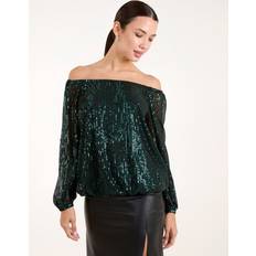 Red - Women Blouses Blue Vanilla Elastic Neck Puffball Sequin Top Green