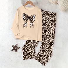 Shein pcs Girls Butterfly Leopard Print Casual Outfit Solid Color Pants And Long Sleeve Top