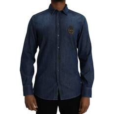 Dolce & Gabbana Blue Shirts Dolce & Gabbana Blue Crown Bee Cotton Denim GOLD Shirt IT40