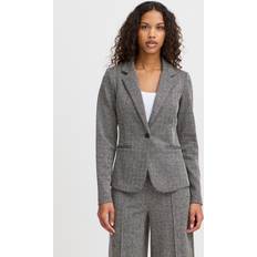 Slits Kavajer Ichi IHKATE Jacquard Damen Blazer Jackenklazer mit Reverskragen Paspeltaschen V-Ausschnitt 1-Knopf-Form leicht elastisch Slim fit, Größe:M, Farbe:Black/White Herringbone (203523)