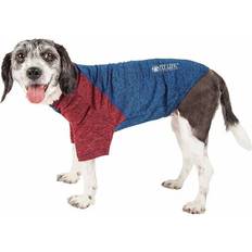 Pet Life Active Hybreed 4-Way Stretch Two-Toned Performance Dog T-Shirt - Blue with Maroon Sleeves, Medium