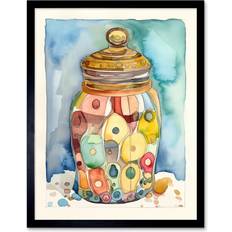 Marlow Home Co. Glass Cookie Jar With Sweets Folk Watercolour Painting Wall Art Print 9x7 Inch - Multicoloured Framed Art