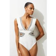 White Swimsuits Karen Millen Bandage Embellished Trim Cut Out Swimsuit Cream