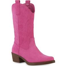 Rosa Hohe Stiefel Damen cowboystiefel stiefel stickereien holzoptikabsatz 840208 schuhe Fuchsia Velours