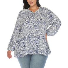 3XL Blouses White Mark Plus Printed Peasant Knit Blouse Blue (3X)