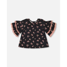 Blouses & Tunics Children's Clothing Deux par Deux Toddler Girls Elbow Sleeve Viscose Blouse Black Printed Flowers Toddler/Child Black printed flowers (4T)