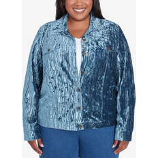 Velvet Outerwear Alfred Dunner Plus Harvest Moon Crushed Velvet Button Jacket Blue (1X)