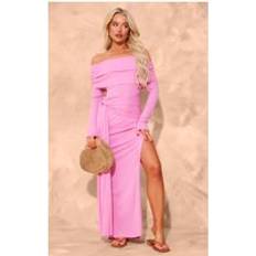 PrettyLittleThing Pink Onion Skin Bardot Tie Waist Maxi Dress, Pink