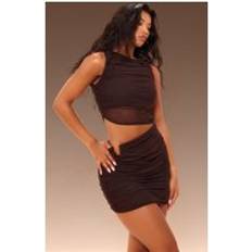PrettyLittleThing Chocolate Mesh High Neck Cut Out Mini Dress, Chocolate