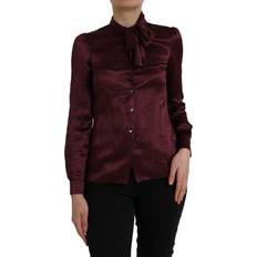 Dolce & Gabbana Red Blouses Dolce & Gabbana Maroon Ascot Collar Long Sleeve Top Blouse IT36