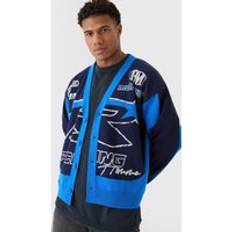 Harmaa - Mies Neuletakit boohooMAN Oversized Boxy Moto Racing Cardigan - Cobalt