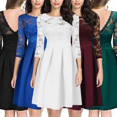 Zeblaze New Summer Women Sheer Lace Panel Dress O-neck 3/4 Sleeve Zipper Ruffle Hem Elegant Solid Evening