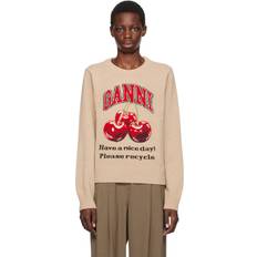 Ganni Tröjor Ganni Graphic Wool Mix Cherry Crewneck Dam Stickade Tröja - Safari