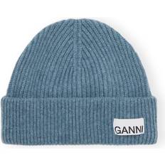 Blue Beanies Ganni Blue Fitted Wool Rib Knit Beanie 766 Dusty Blue (UNI)