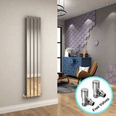 Elegant Chrome Vertical Radiator 1600 x 300 Single Flat Panel + Angled Radiator Valves