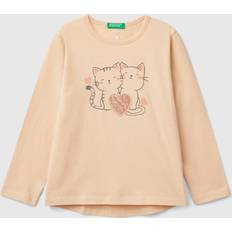 Beige Tops United Colors of Benetton Kids' Cat Print Long Sleeve T-Shirt, Beige