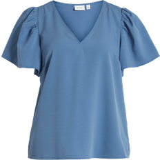 V-pääntie Puserot Vila ViMathilde S/S V-neck Flounce Top - Sininen