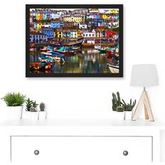 Longshore Tides Cityscape Brixham Devon England Harbour Boats Picture Frame Photograph on Paper - Blue;White;Yellow (33 cm H x 45.46 cm W) Framed Art