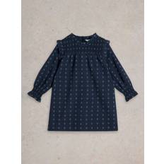 White Stuff Kids' Camille Dobby Organic Cotton Frill Dress, Dark Navy