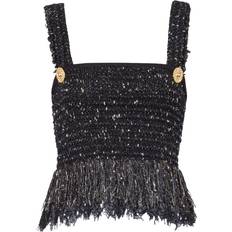 Clothing Balmain 2-Button fringe tweed top women Viscose/Polyamide/Polyester/Metallized Polyester/Cotton Black