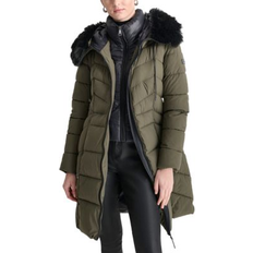 XS Coats Dkny Women's Bibbed Faux-Fur-Trim Hooded Puffer Coat Loden