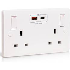 Double Wall Socket with USB C Port 20W Fast Charging Standard UK Plug Socket 13 Amp 2 Gang White