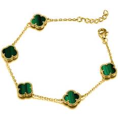 Green Bracelets Jewelco London Gold-plated silver green clover malachite charm bracelet 7-8.5"