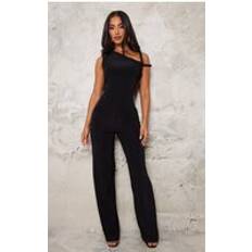 PrettyLittleThing Petite Black Slinky Twist Shoulder Wide Leg Jumpsuit, Black