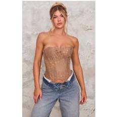 PrettyLittleThing Brown Textured Sheer Floral Lace Corset, Brown