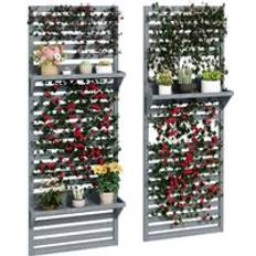 Pots, Plants & Cultivation OutSunny 2pc Wooden Plant Stands w/ Shelves - Grey