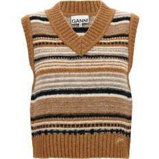 Ganni Veste Ganni Broderet Logo V-Hals Ærmeløs Sweater - Beige
