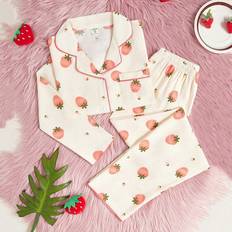 Long Sleeves Pyjamases Shein pcs Girls School Style Strawberry Print Long Sleeve Top And Long Pant Pajamas Set