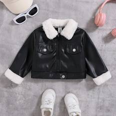 9-12M Jackets Shein Baby Girls Thick Faux Fur Collar PU Leather Short Jacket Coat Warm Winter Outwear