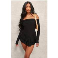Playsuits Jumpsuits & Overalls PrettyLittleThing Slinky Long Sleeve Bardot Rara Skort Playsuit - Black