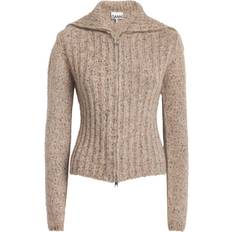 Ganni Oberbekleidung Ganni Brown Highneck Zip Cardigan in Safari Alpaca/Elastane/Organic Cotton Women's