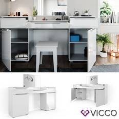 Schminktische Vicco Lilli Weiß Hochglanz 190 cm Mit LED Beleuchtung Und Hocker Schminktisch