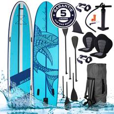 SUP-Sets Brast SUP Board Family Aufblasbares Stand up Paddle Set Shark 370x87x15cm bis 210kg inkl. Zubehör 2X Kajak-Sitz 2X Fußschlaufe 2X Paddel Pumpe Rucksack
