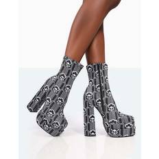 White Ankle Boots Supreme Black Floral Print Nylon Platform Block Heel Ankle Boots black