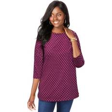 Jessica London Tops Jessica London Plus Women's Stretch Cotton Boatneck Tunic in Deep Claret Dot (Size 18/20) Long Knit 3/4 Sleeve Shirt