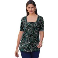 Jessica London T-shirts Jessica London Plus Women's Stretch Cotton Square Neck Tee in Emerald Green Garden Paisley (Size 12) Short Sleeve T-Shirt