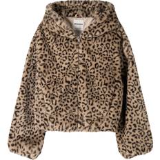 Bershka Hooded Faux Fur Jacket - Leopard Print/Multi