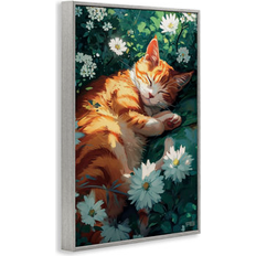 Framed Art Stupell Industries Cat Sleeping In Meadow Giclee Painting Gray Art Print Wall Art 16 x 24 Framed Art