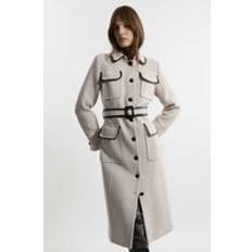 Men - Organic Coats Karen Millen Premium Italian Manteco Wool Pocket Detail Belted Pu Tipped Tailored Midaxi Coat Oatmeal