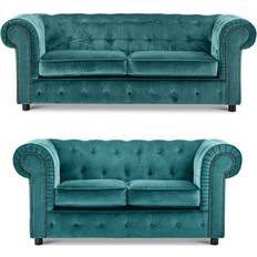 B&Q Ashbourne Chesterfield Teal Velvet Fabric 3 Seater And 2 Seater Sofa