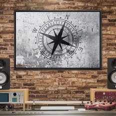 Interior Details IDEA4WALL Compass On Gritty Gray City Brick Wall Abstract Shapes Digital On Canvas Print 24.0 H x 36.0 W x 1.5 D in Gray/White/Black Framed Art