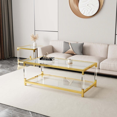 Mercer41 Kurtz Minimalist Style Gold Metal Frame w/ Acrylic Leg Tab Glass Coffee Table