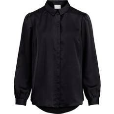 Vila Blouses Vila Ellette Satin Shirt deep electric blue dark silk silky work clothes top blouse long sleeve 14, BLACK