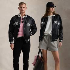 Bomber Jackets - Unisex Polo Ralph Lauren Unisex Pink Pony Satin Baseball Jacket Black