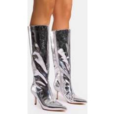 Silver - Women High Boots Public Desire Amped Mirror Silver Pointed Toe Mid Heel Knee High Boots silver