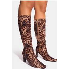 Skor Public Desire Pose Leopard Zip Up Knee High Slim Block Heeled Boots leopard